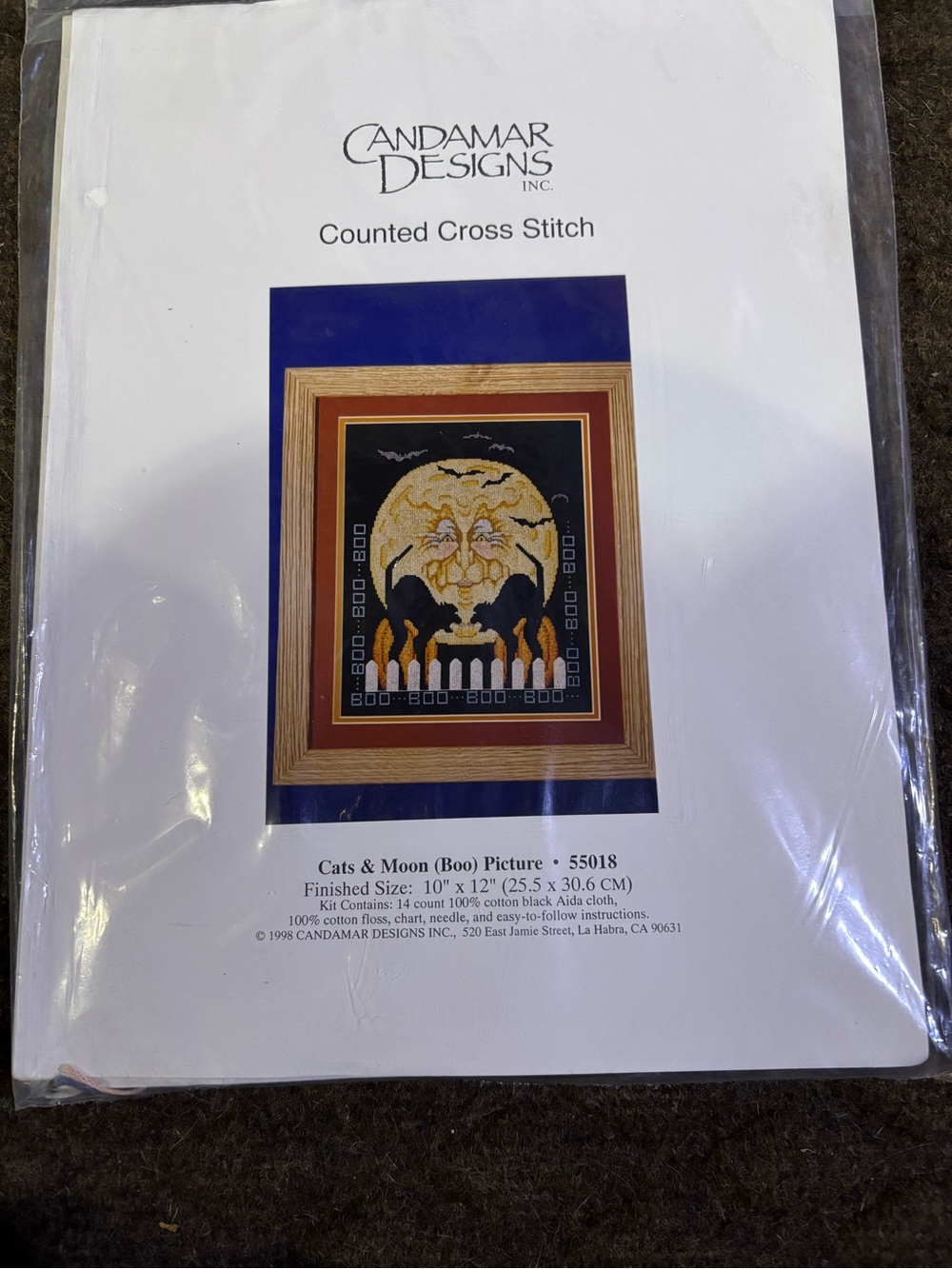 Cats & Moon (Boo) Counted Cross Stitch Wall Art - Black & Gold